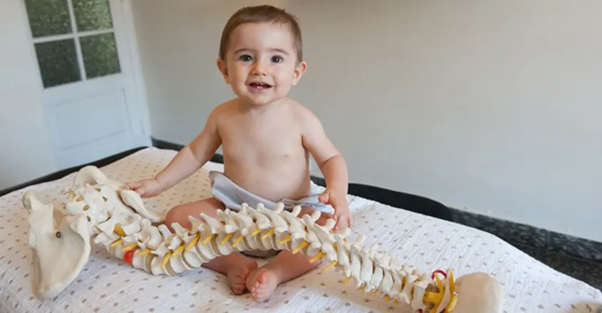 Foto de un bebé con una columna quiropráctica de muestra para estudio