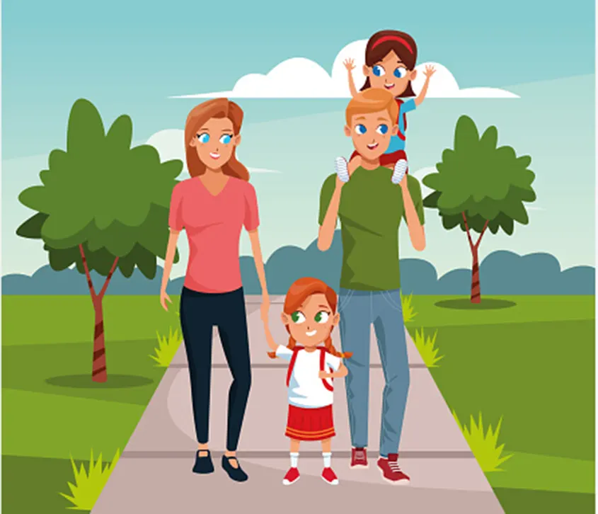 imagen de familia caminando por el parque felices